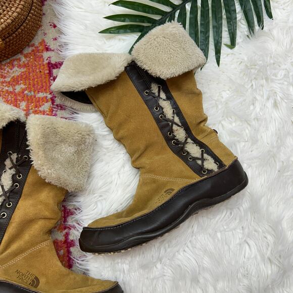 The North Face Tan Brown Fleece Fold Over Leather Snow Winter Boot 9 Cozy - Picture 3 of 9